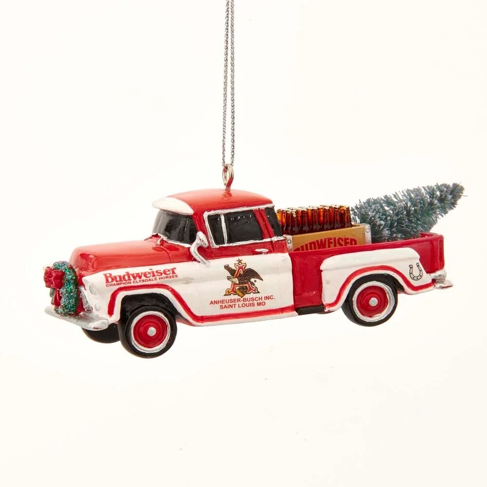 KSA Pack of 12 Red and White Budweiser Pickup Truck Christmas Ornaments 4"