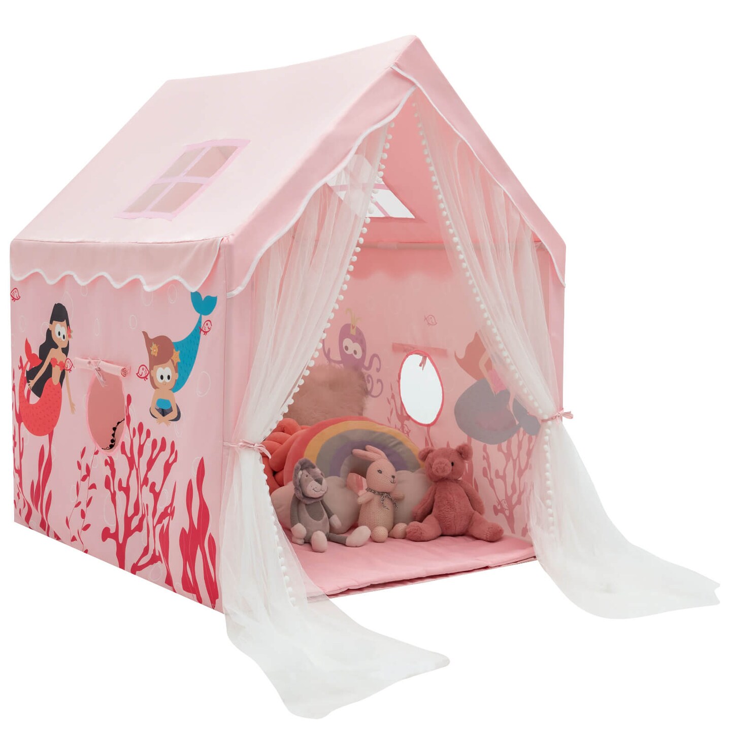 Kids Indoor Playhouse Tent with Removable and Comfortable Cotton Mat and Mesh Curtains