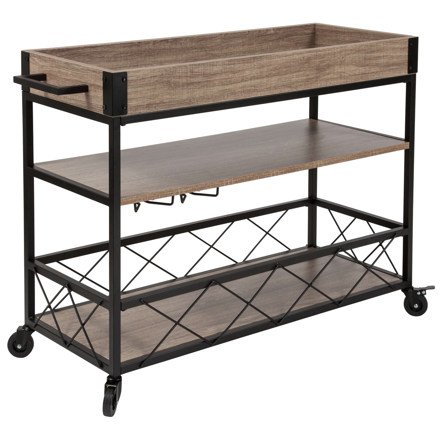 Merrick Lane Brookville Rolling Kitchen Serving and Bar Cart with Shelves and Wine Glass Holders