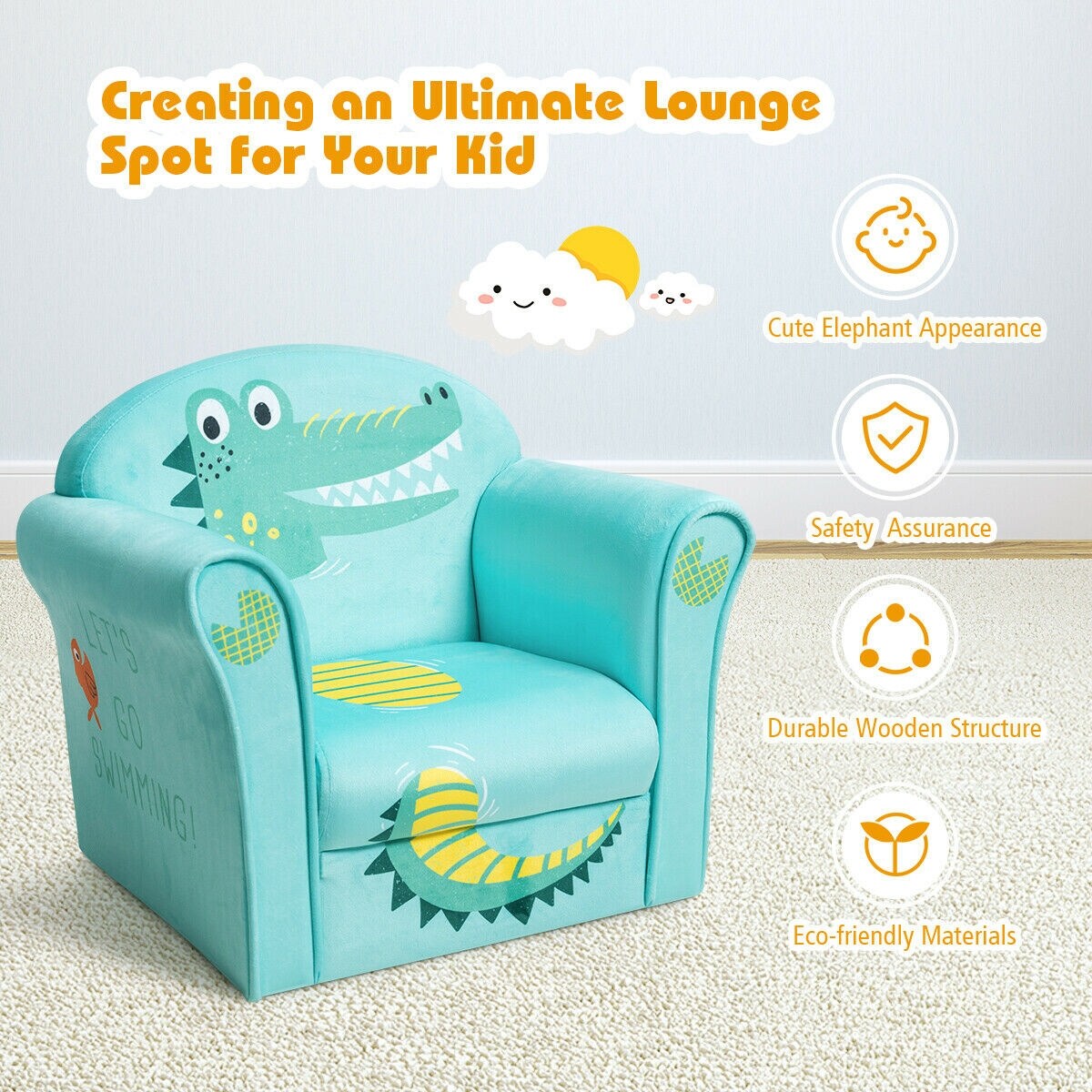 Kids Armrest Upholstered Sofa Chair with Cute Patterns with Wide Backrest