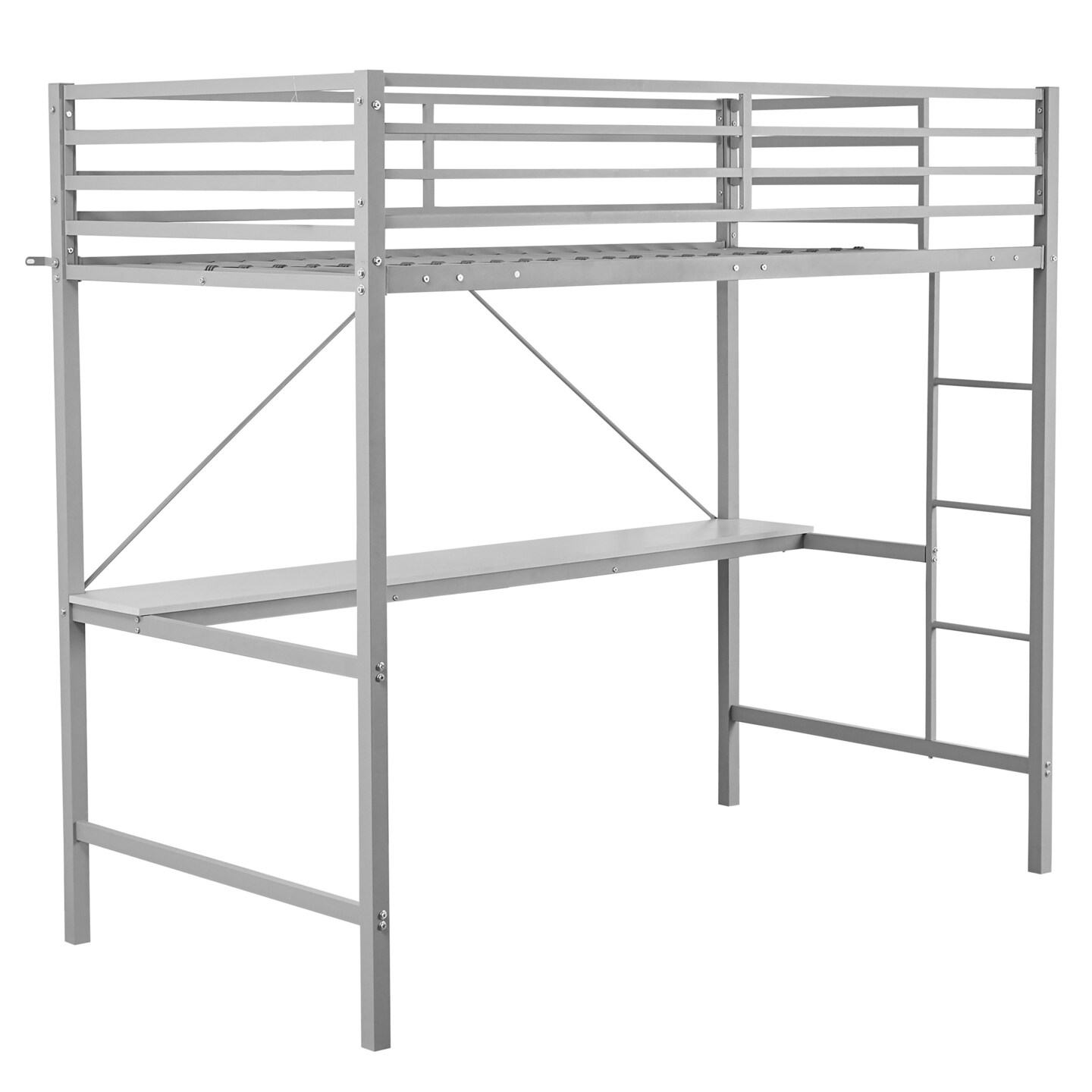 Emma and Oliver Jensen Metal Loft Bed Frame with Desk, Protective Guard Rails and Ladder for Kids, Teens and Adults