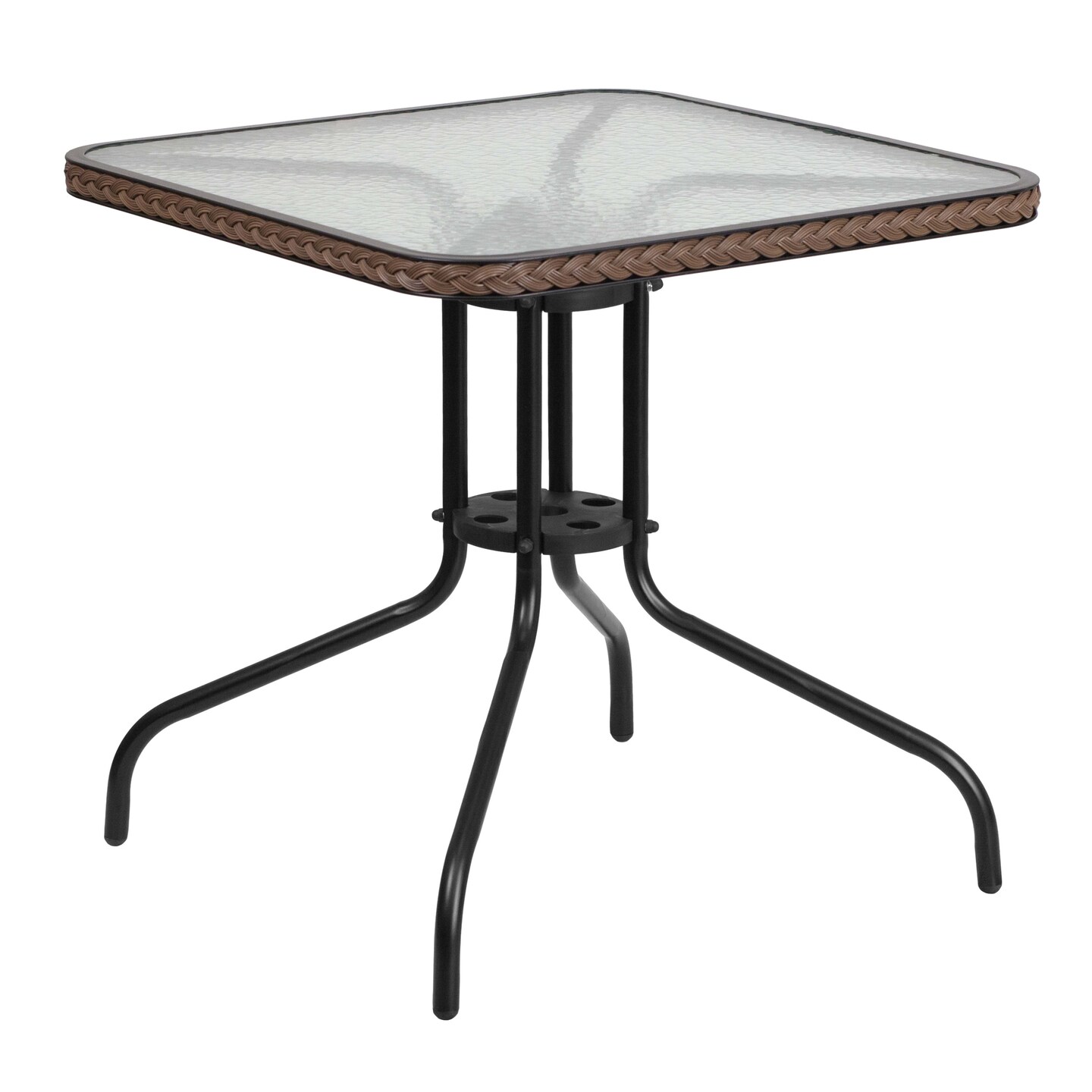 Emma and Oliver 28" Square Tempered Glass Metal Table with Rattan Edging