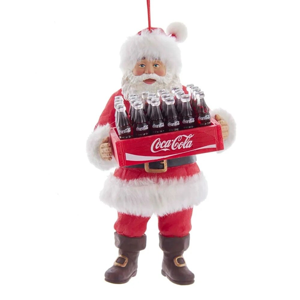 KSA Pack of 6 Red and White Coca-Cola Santa Holding Case of Coke Christmas Ornaments 5.25&#x22;