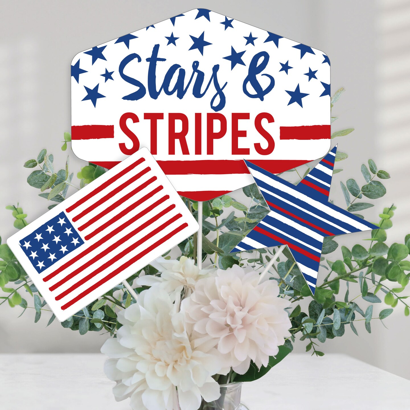 Big Dot of Happiness Stars &#x26; Stripes - Memorial Day, 4th of July and Labor Day USA Patriotic Centerpiece Sticks - Table Toppers - Set of 15