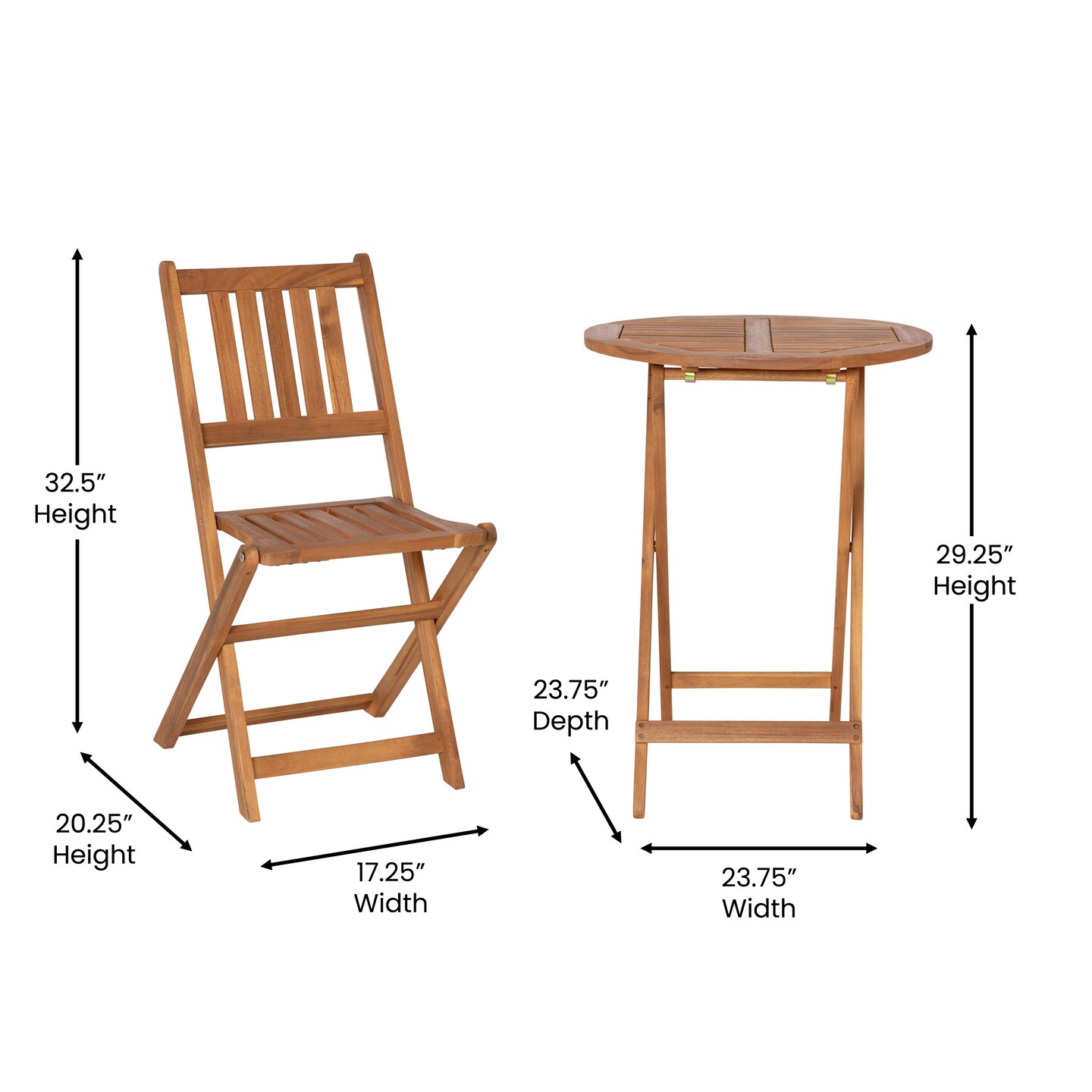 Merrick Lane Stora Three Piece Solid Acacia Wood Folding Patio Bistro Set with Lightweight Round Table and Two Chairs