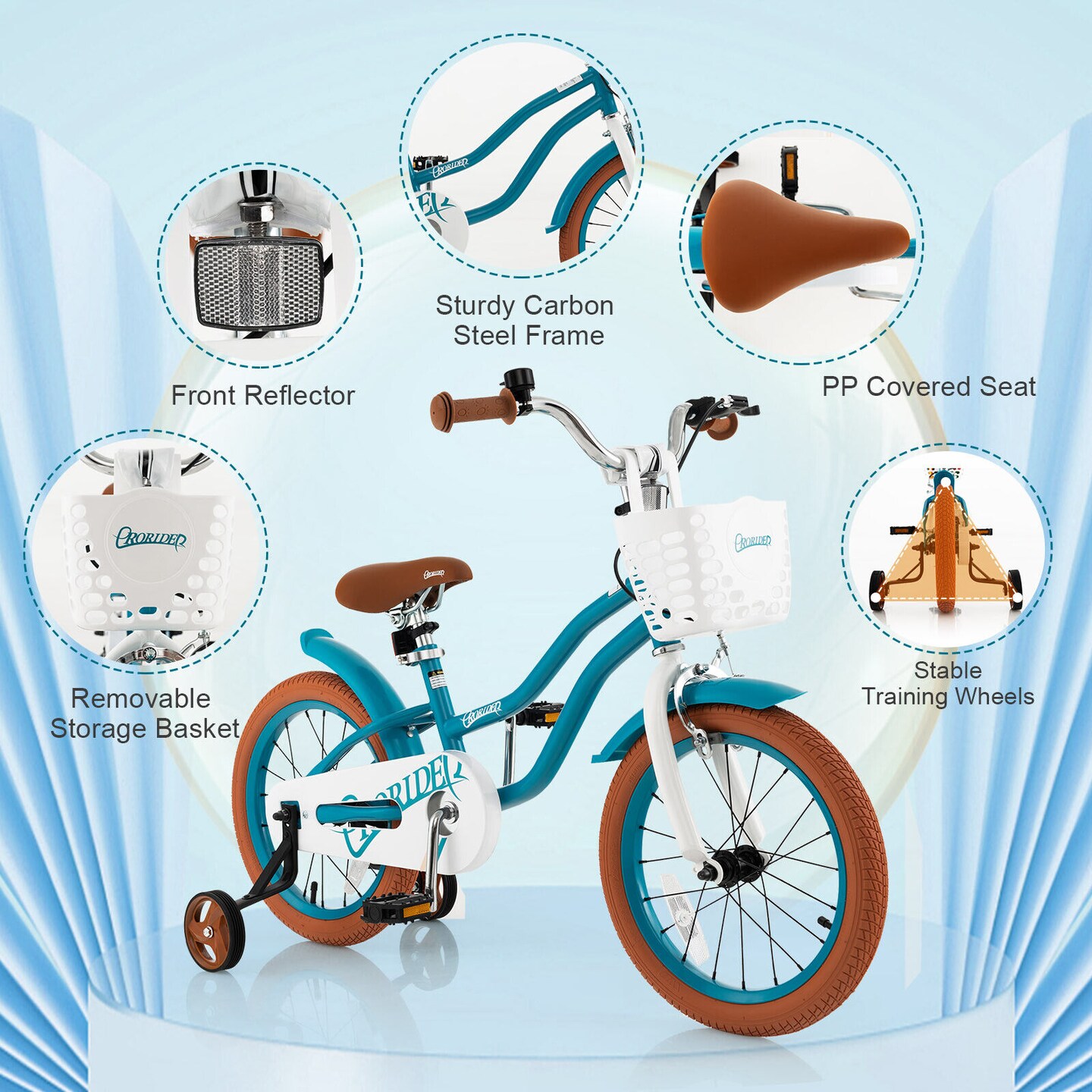 16 Inch Kids Adjustable Bike with Cute Basket for Storage and 2 Training Wheels