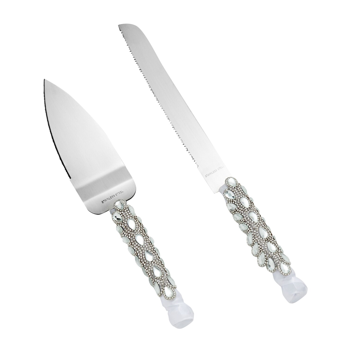 Wedding Cake Knife and Server Set with Knife and Server, Embellished with Faux Crystals, Diamonds, and Ribbon, Sturdy Stainless Steel, Chrome Mirror Finish Tips