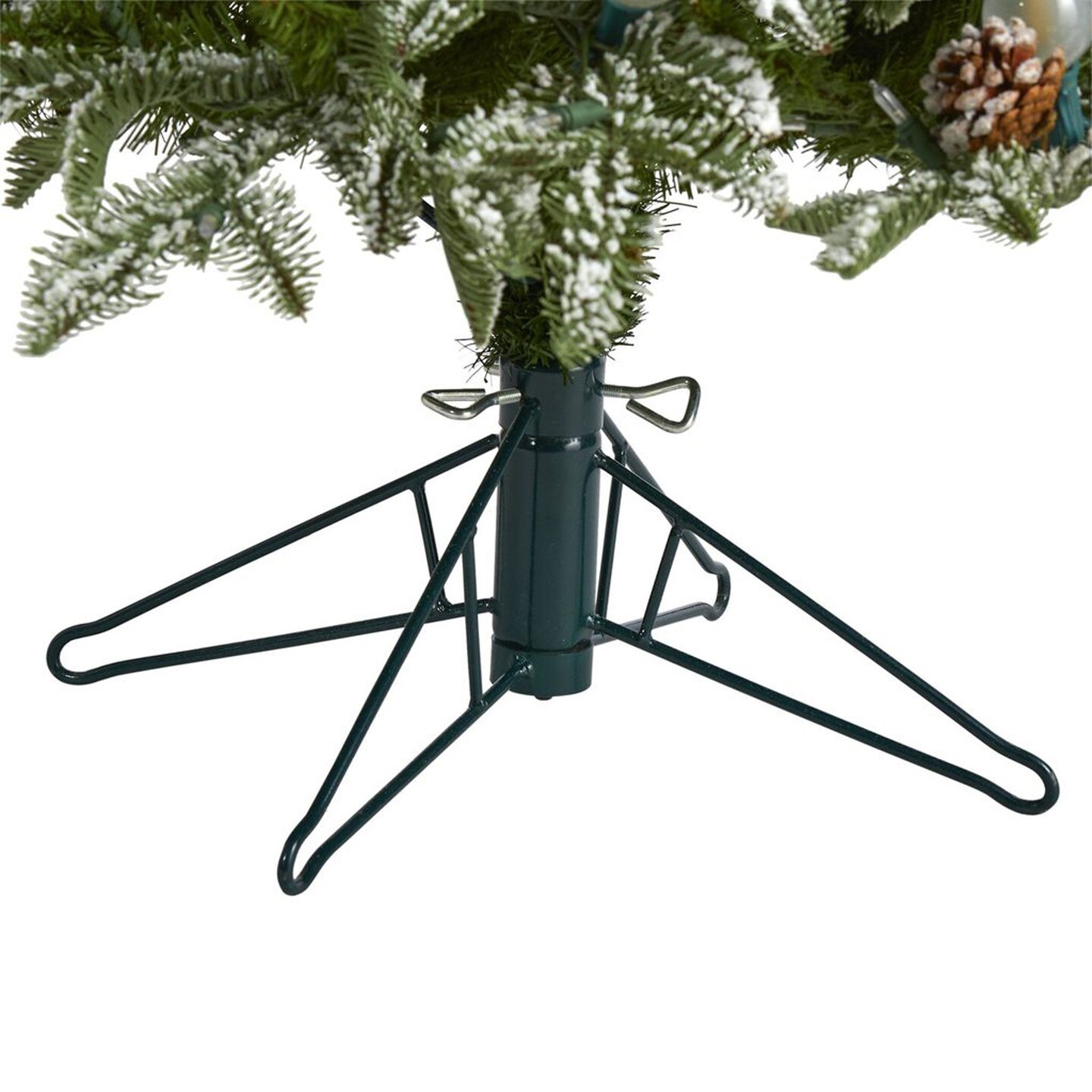 Nearly Natural 5&#x27; Flocked Whistler Mountain Fir Artificial Christmas Tree with 250 Warm White LED Lights with Instant Connect Technology, 28 Globe Bulbs, Pine Cones and 480 Bendable Branches