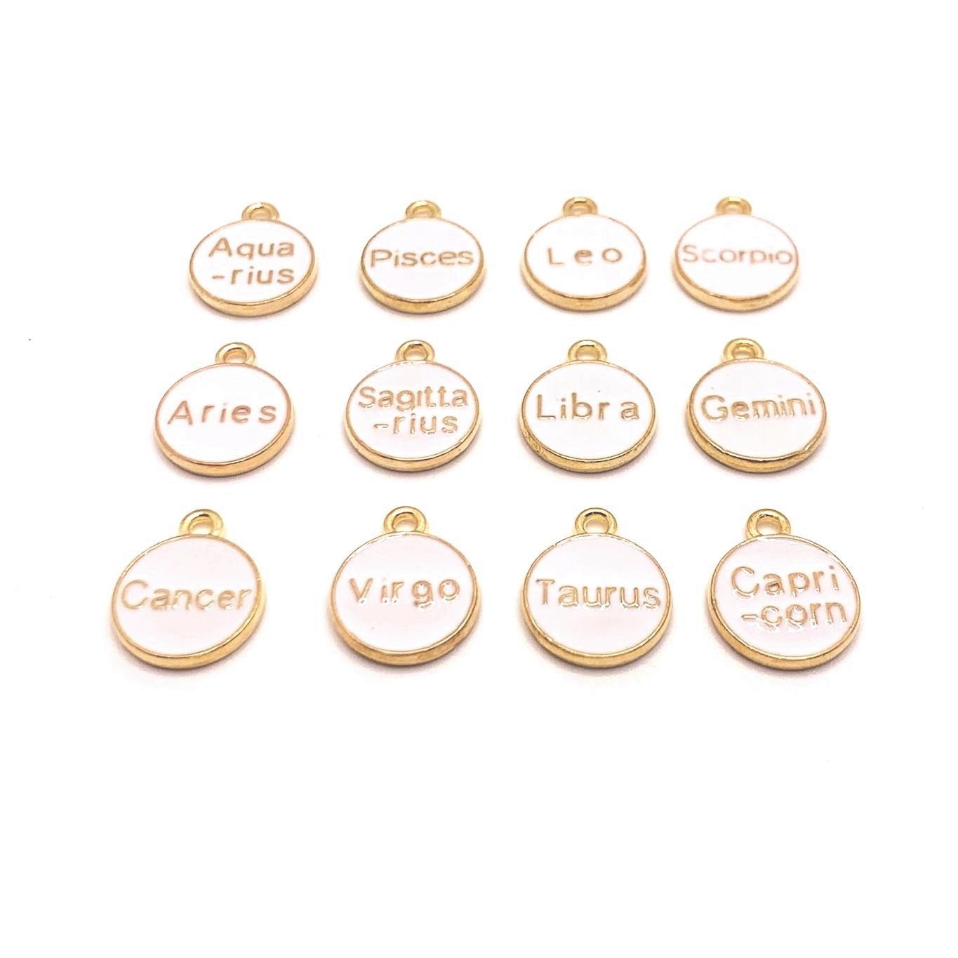 12 or 60 Pieces: White Enamel and Gold Zodiac/Astrology Charms, Double Sided