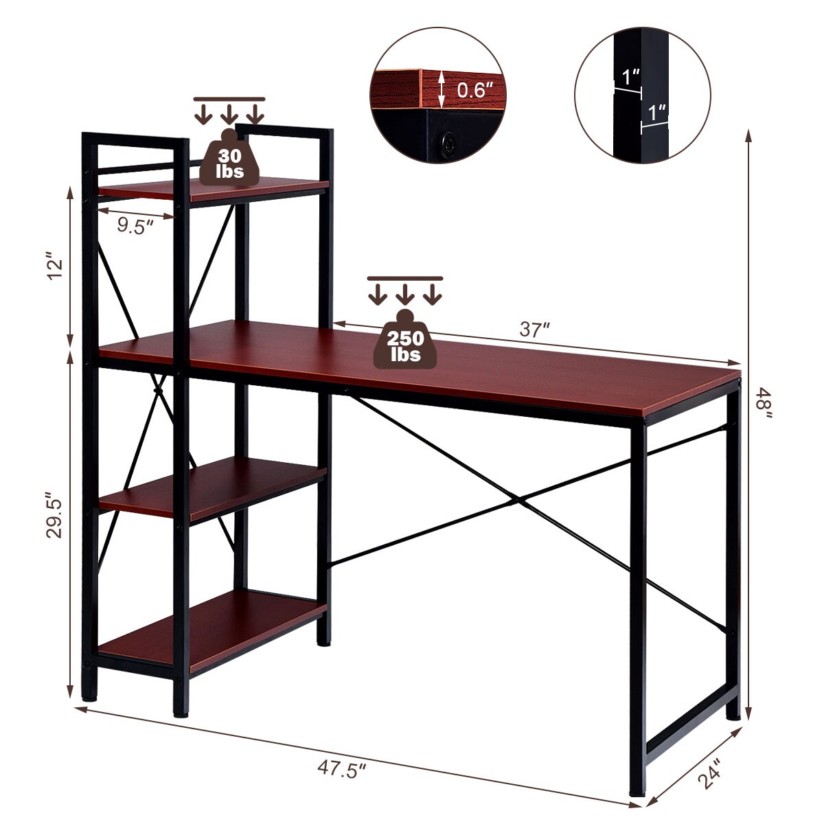 Costway 47.5&#x27;&#x27; Compact Computer Desk With 4-Tier Storage Bookshelves for Home Office