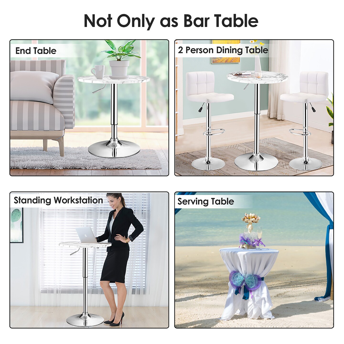 Costway 4PCS Round Bistro Bar Table Height Adjustable 360-degree Swivel White\Black