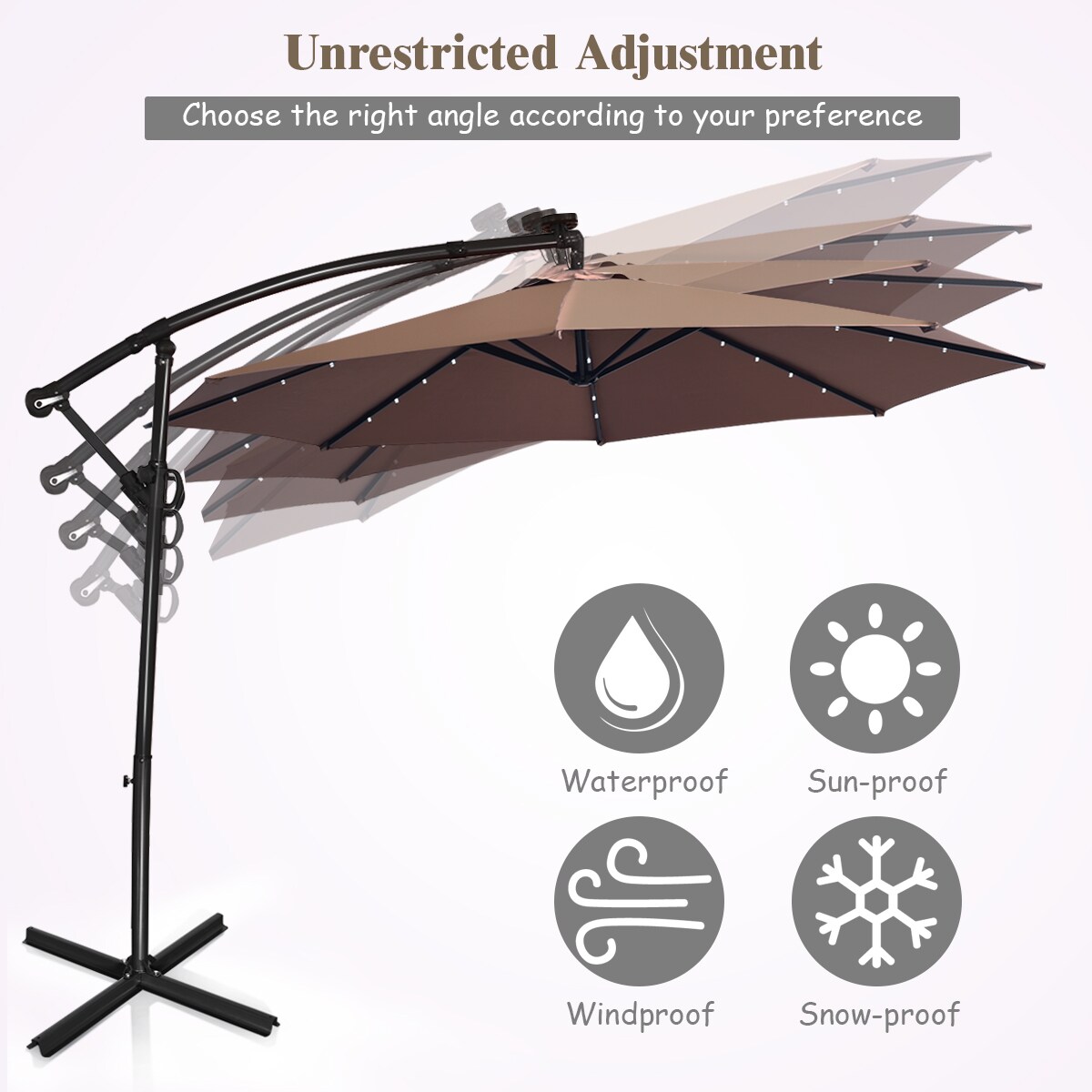 Costway 10FT Patio Offset Umbrella Solar LED 360degrees Rotation Brown