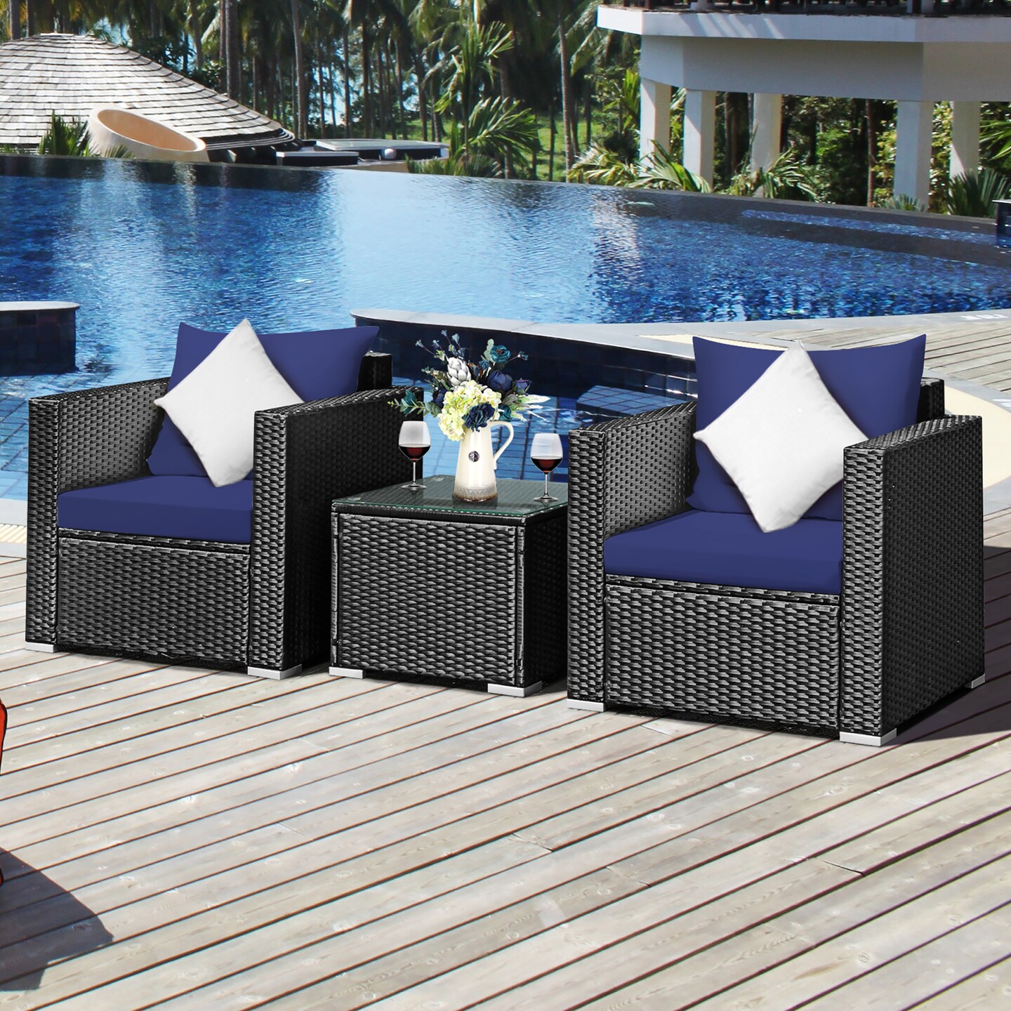 Costway 3PCS Patio Rattan Wicker Furniture Set Sofa Table W/Cushion Yard Red\Turquoise\ Navy\Black
