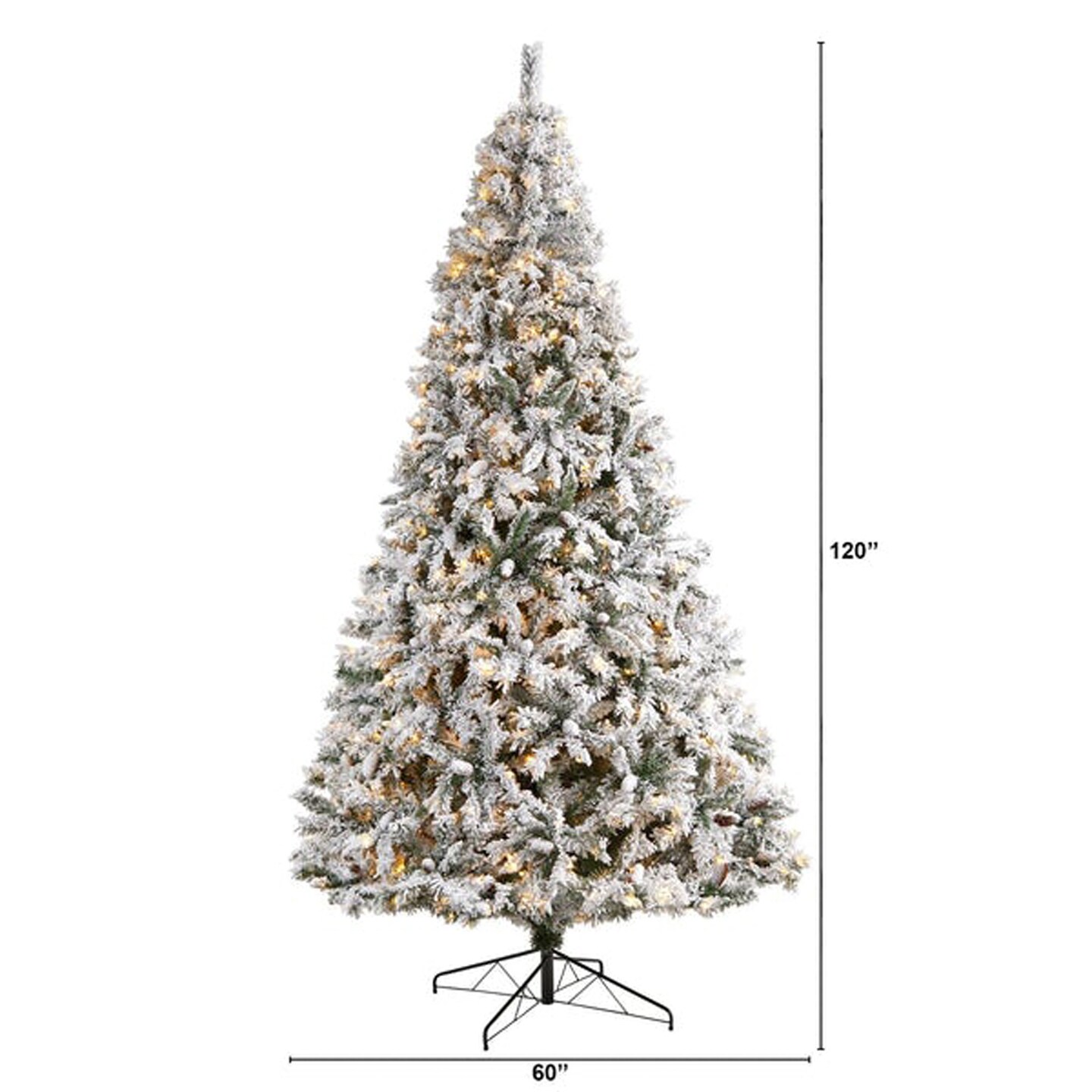 Nearly Natural Home Decorative 10&#x27; Flocked White River Mountain Pine Artificial Christmas Tree with Pinecones and 800 Clear LED Lights