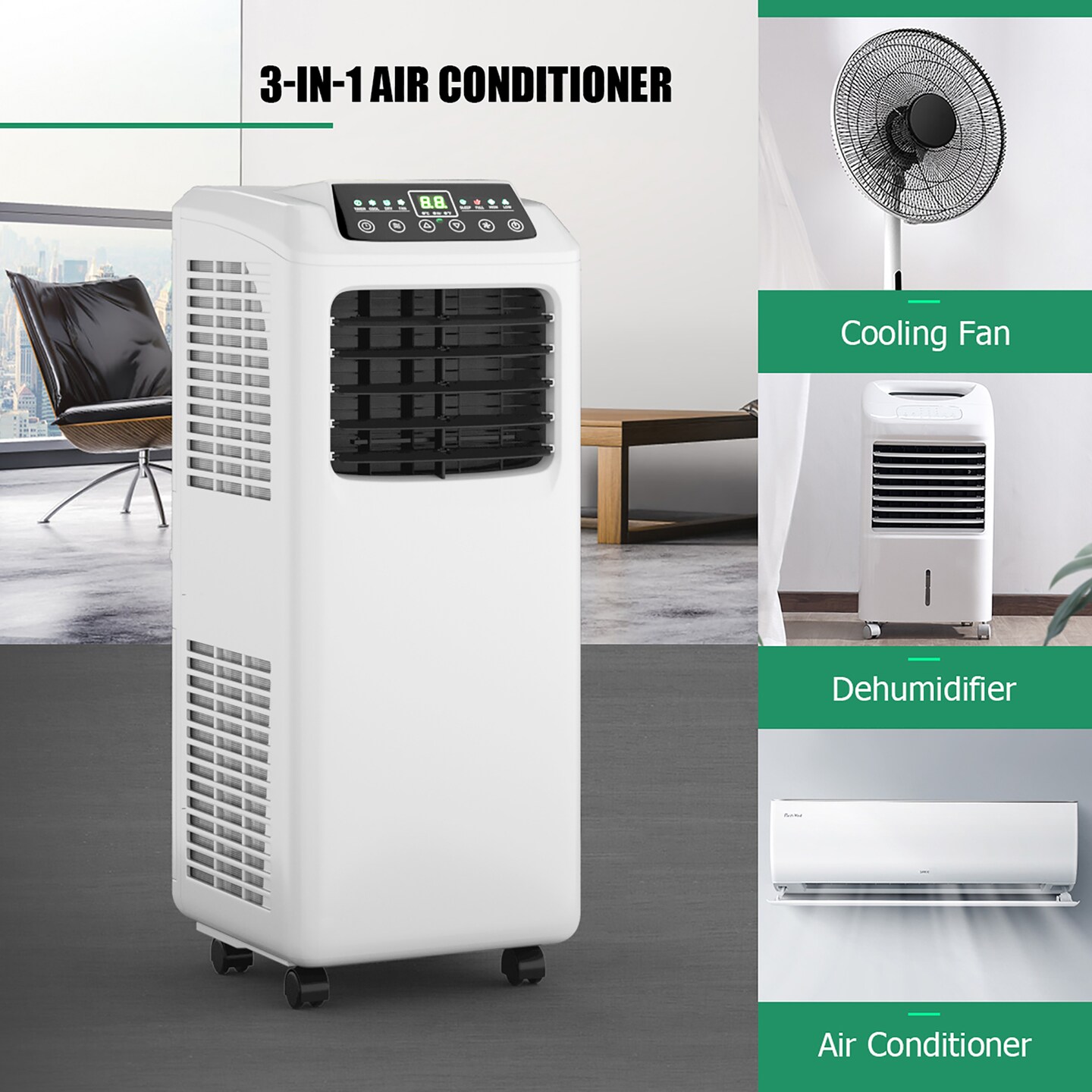 Costway 5500 BTU (9000 BTU ASHRAE) 3-in-1 Portable Air Conditioner w/Built-in Dehumidifier and Window Kit