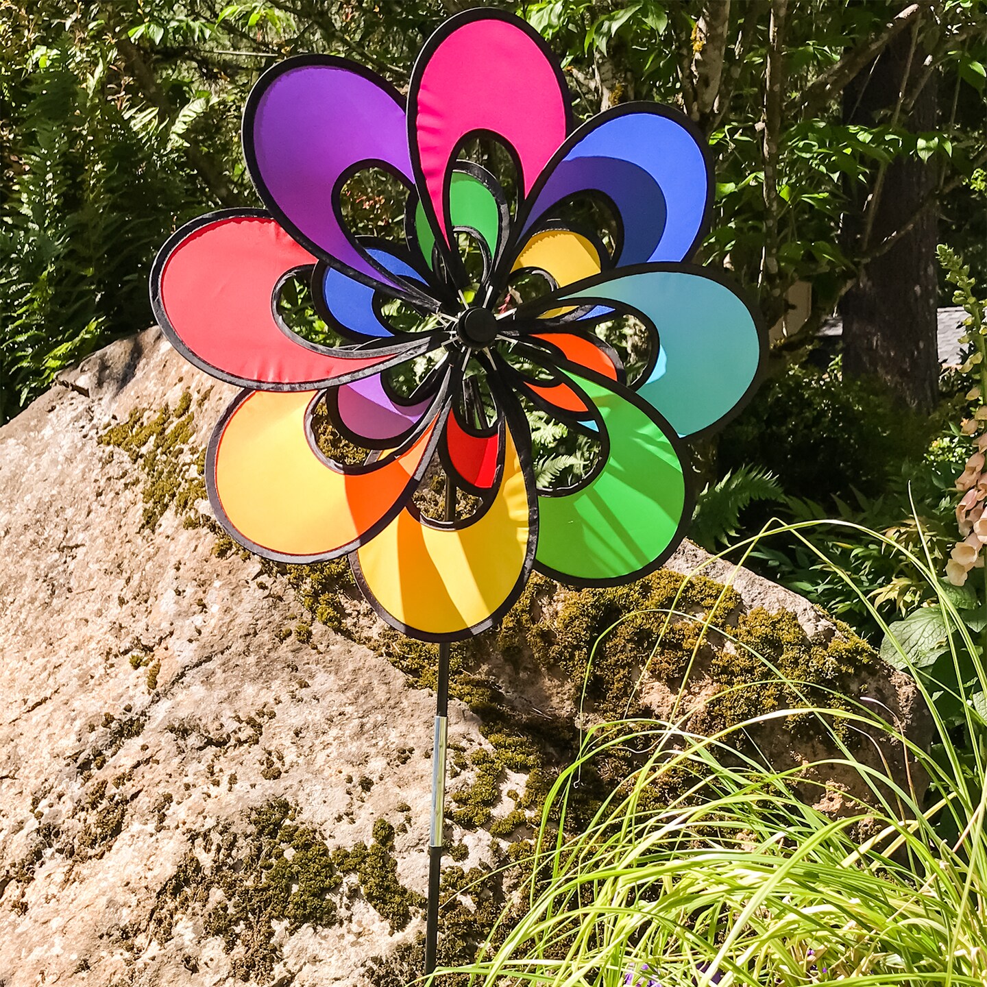In the Breeze Spectrum Double Windee Wheelz - Ground Stake Included - Colorful Flower Spinner for your Yard and Garden