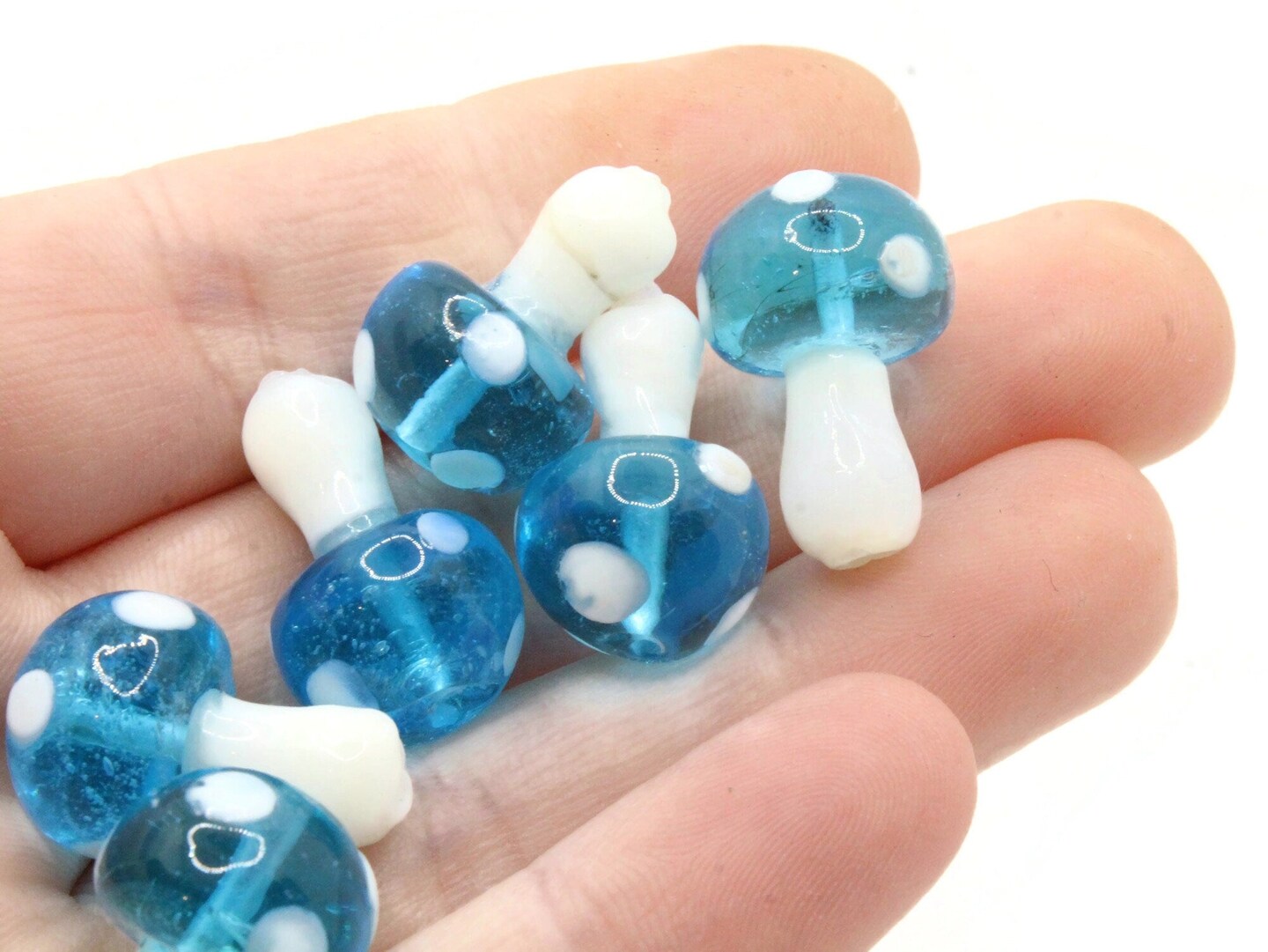 6 19mm Bright Sky Blue and White Polka Dot Mushroom Lampwork Glass Beads