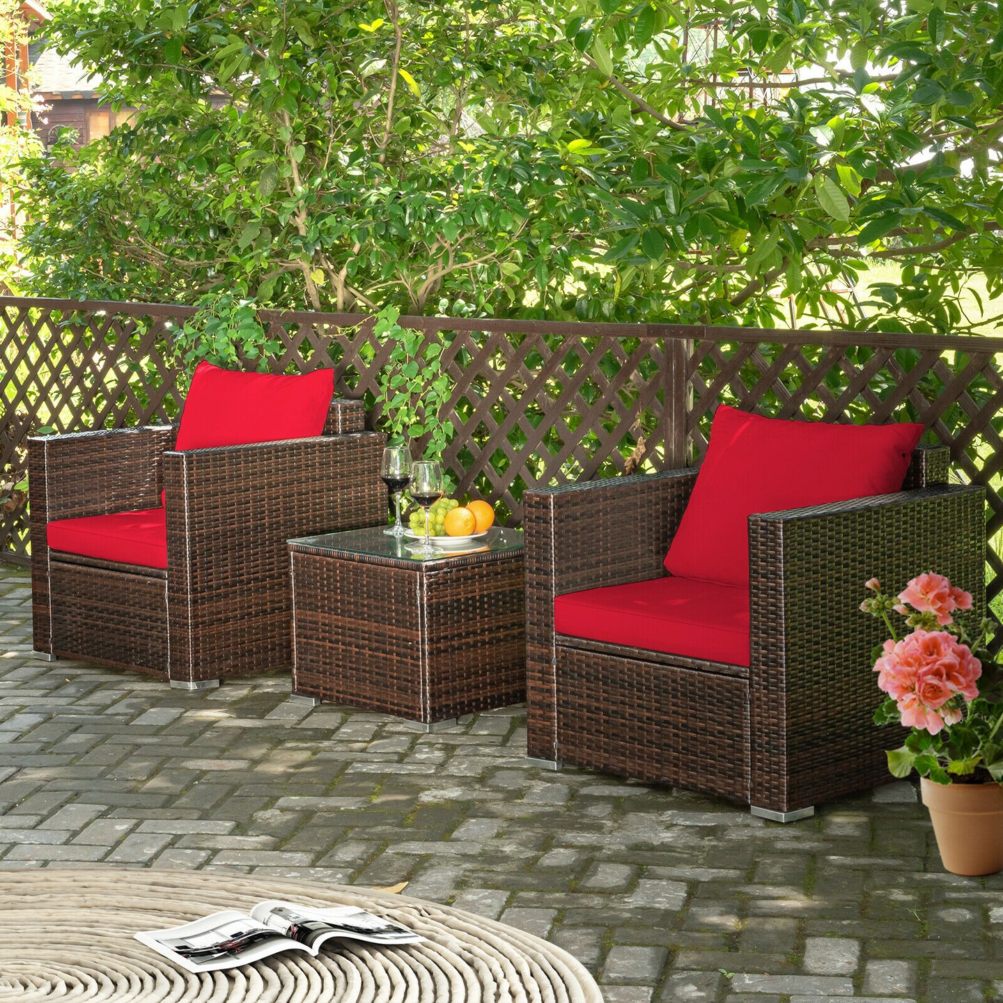 Costway 3PCS Patio Rattan Furniture Set Conversation Sofa Cushioned Turquoise\Red