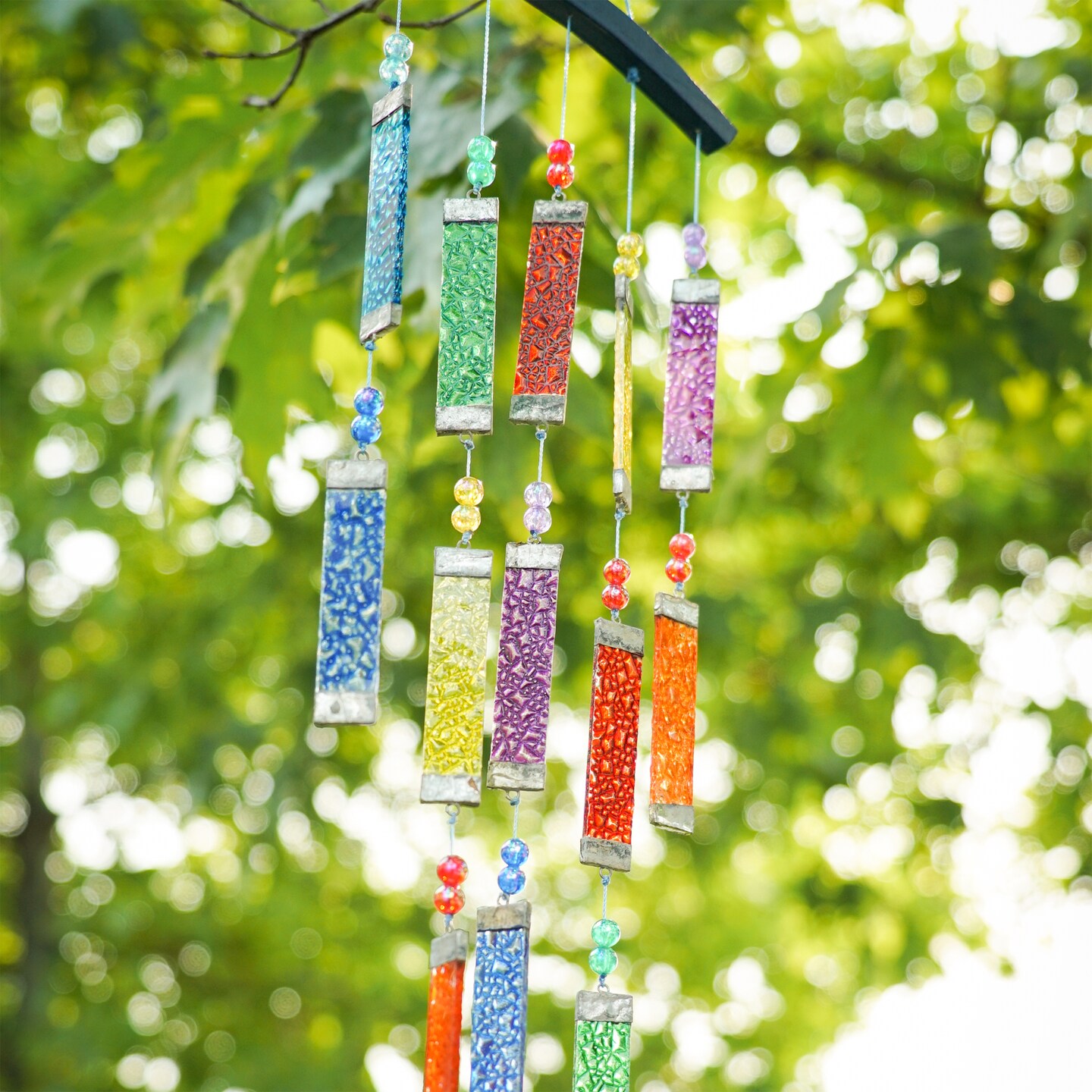 In the Breeze 7026 — Rainbow Textured Tiered Glass Mobile Wind Chime - Colorful Hanging Suncatcher - Hanging Glass Decoration