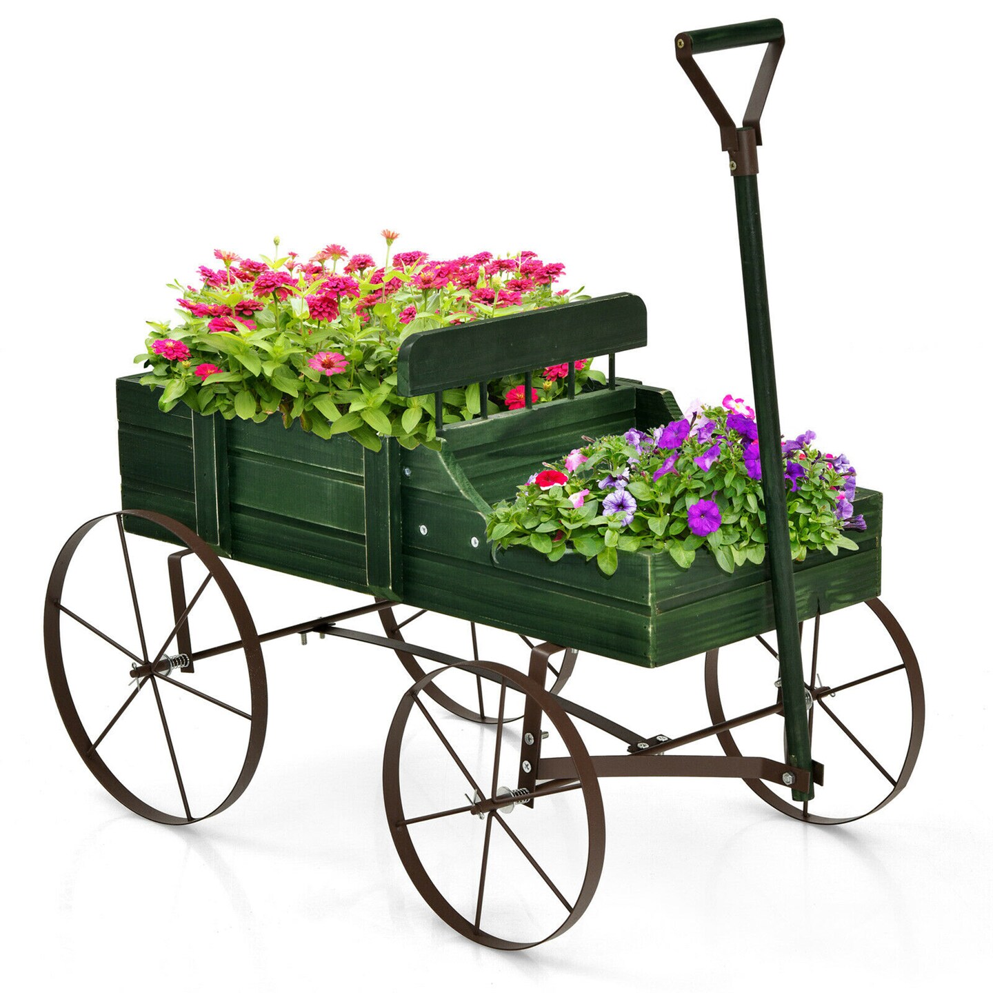 Costway Garden Plant Planter Wooden Wagon Planter W/ Wheel Garden Yard