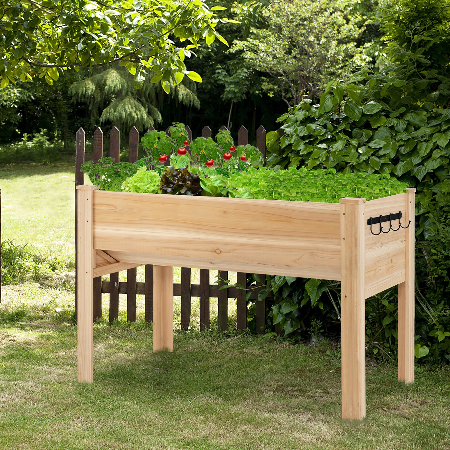 Costway 48'' Wood Raised Garden Bed w/Tool Hook Elevated Planter Stand w/Funnel Design