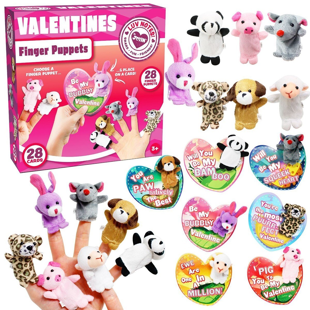 Mini Animal Finger Puppet Set with Valentines Day Gift Cards for Kids