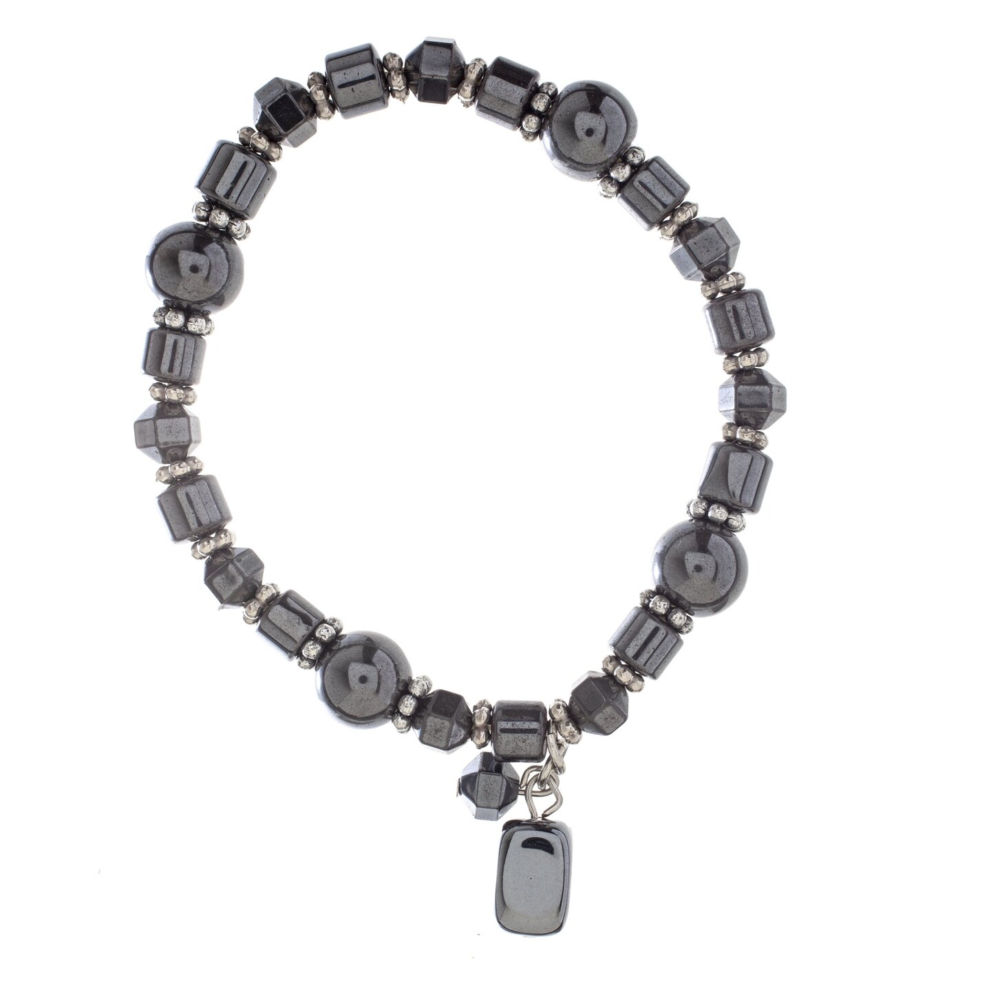 Earth's Jewels Semi-Precious Natural Hematite Grey Bracelet, Rectangle Charm