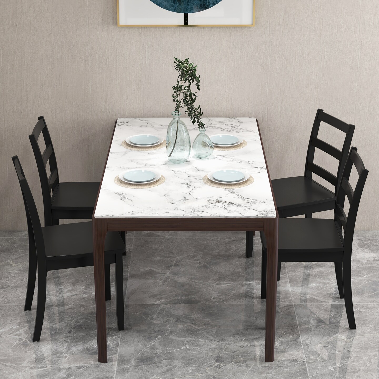 Set of 2 Wood Dining Chairs with Solid Rubber Wood Legs and Curved Backrest
