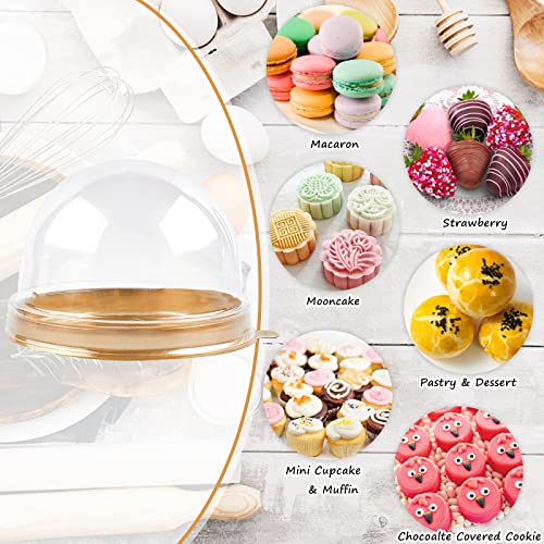 TOFLEN 100Pcs Clear Plastic Mini Cake Boxes with Dome Lids, Mini Bundt Cake Containers for Mini Cupcake, Muffin, Chocolate Covered Cookie, Strawberry, Mooncake and More (Gold Base)