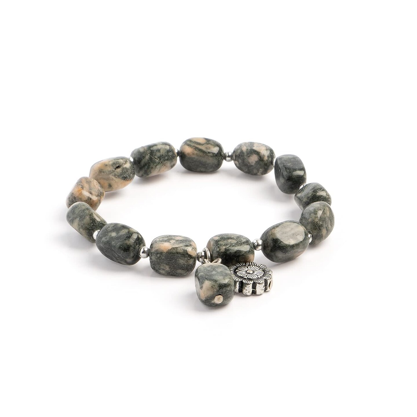 Earth's Jewels Semi-Precious Natural Jasper Gemstone Bracelet, Flower Charm
