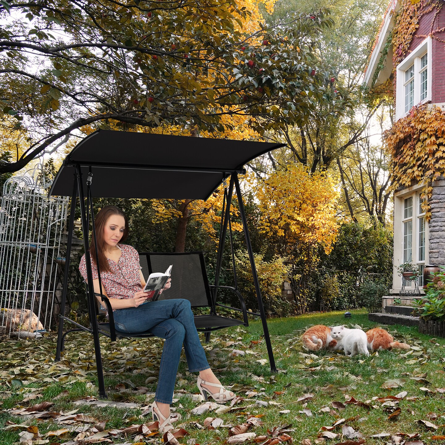 Costway 2-Seat Patio Swing Porch Swing with Adjustable Canopy for Garden Black/Dark Brown