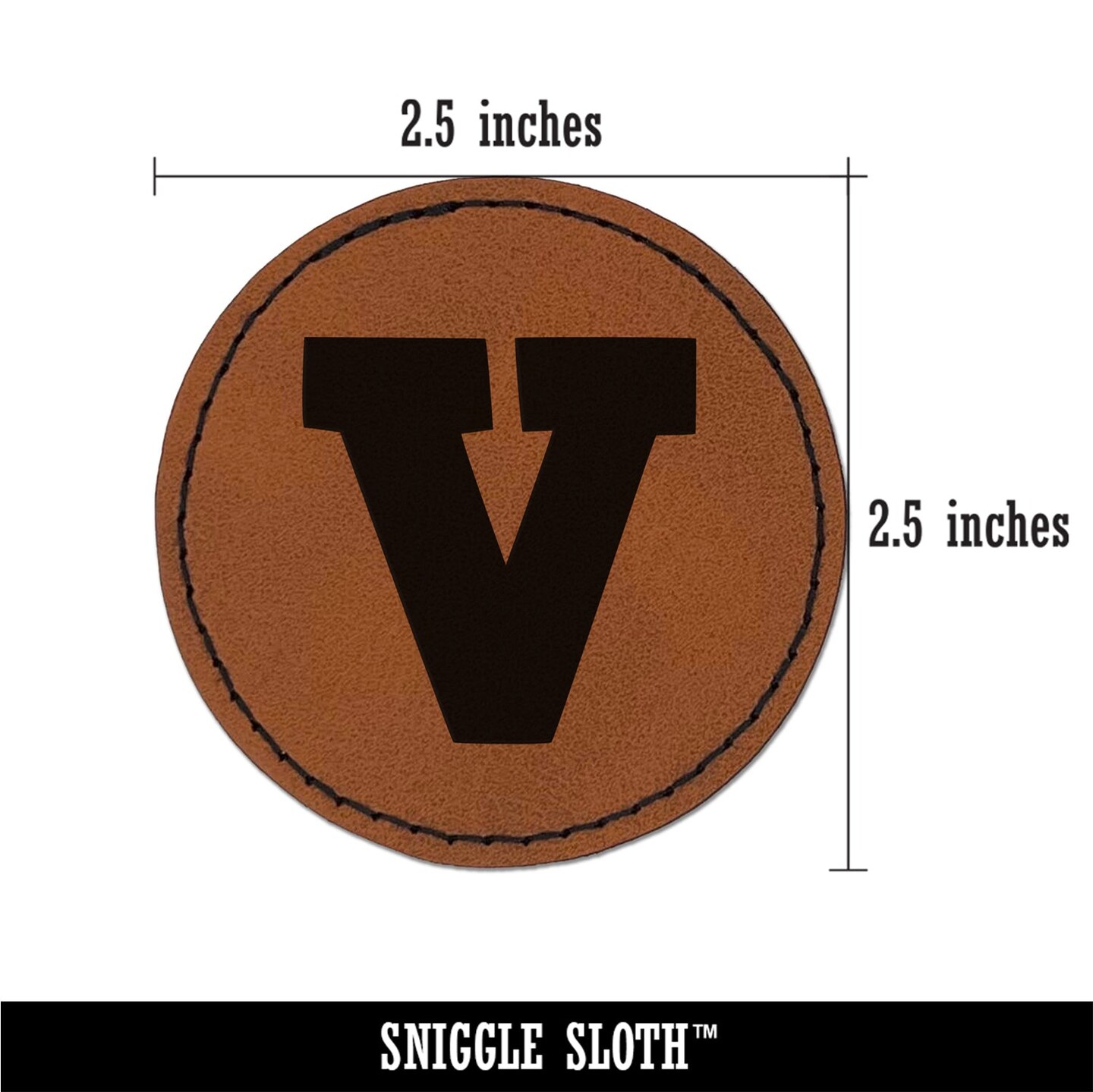 Letter V Uppercase Fun Bold Font Round Iron-On Engraved Faux Leather Patch Applique - 2.5&#x22;