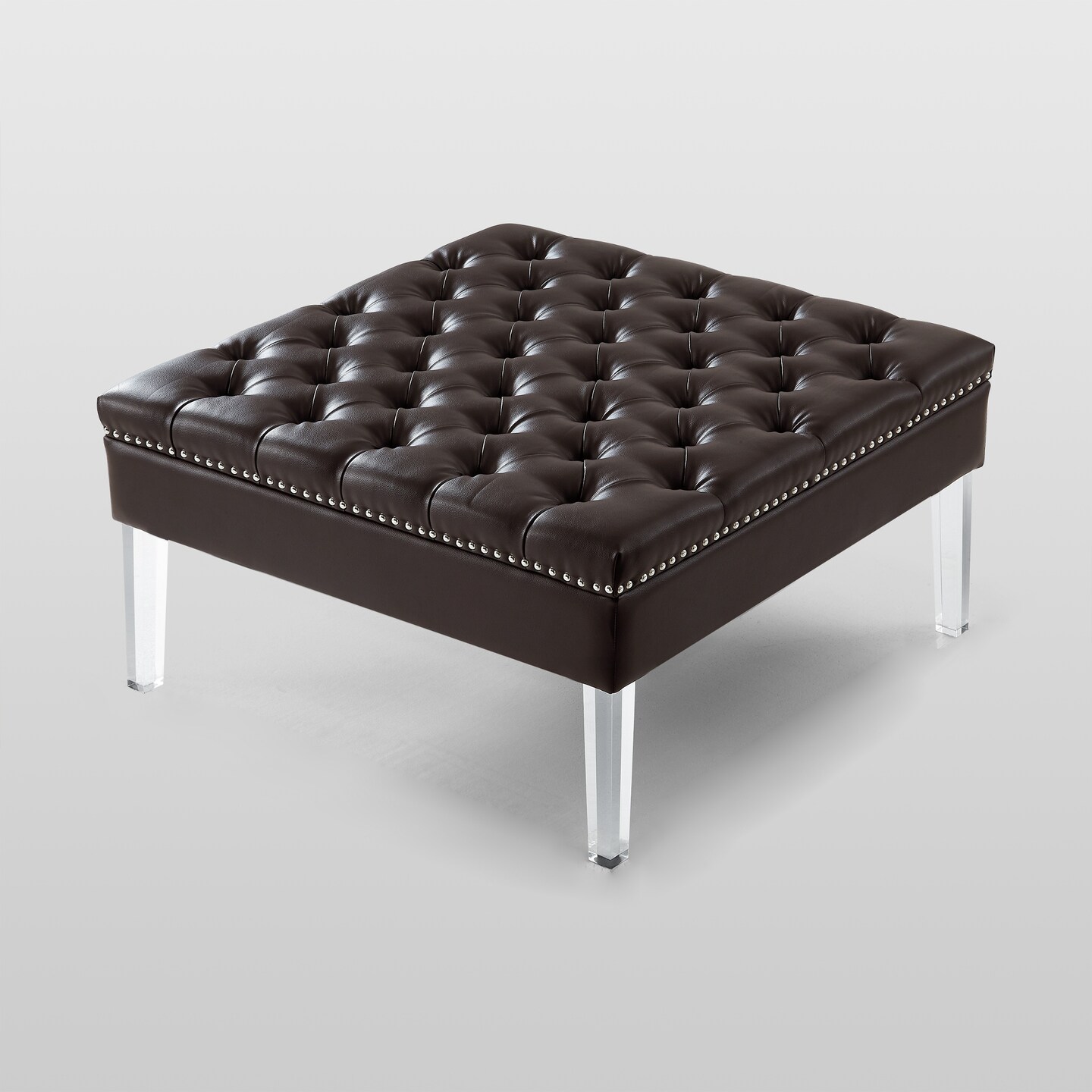 Skye PU Leather Button Tufted Nailhead Trim Acrylic Leg Square Cocktail Table Ottoman