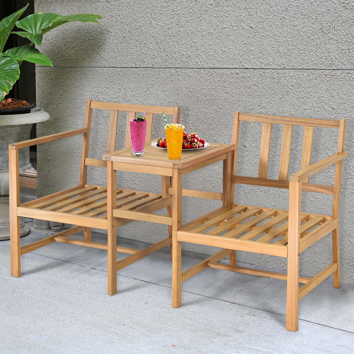 Costway 3 in 1 Patio Table Chairs Set Solid Wood Garden Furniture