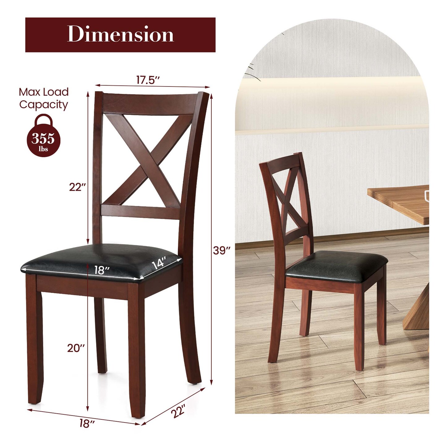 Costway Wooden Dining Chairs Set of 2 Kitchen Side Chair with Padded Seat Rubber Wood Legs