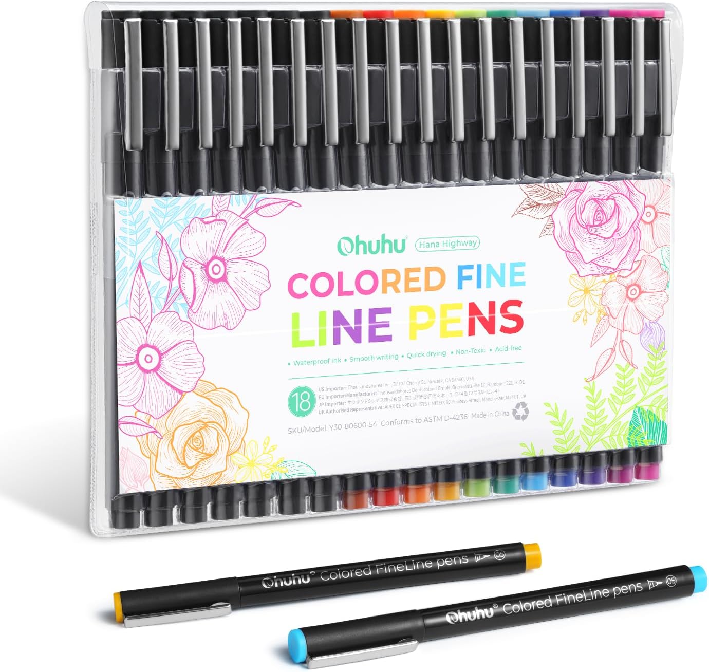 Ohuhu Colored Fineliner Drawing Pens: 18 Packs Fineliner Pens 11 Colored Pens &#x26; 7 Assorted Point Sizes Black Micro Pens Waterproof for Drawing Sketching Anime Manga Artists Beginners - Hana Highway