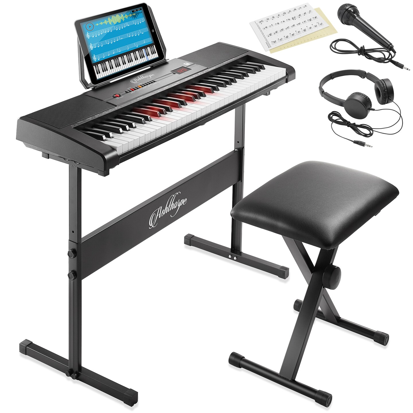 Ashthorpe 61-Key Digital Keyboard Piano with Lighted Keys, Stand, and Bench, Portable Electronic Piano Keyboard Kit with Headphones and Microphone