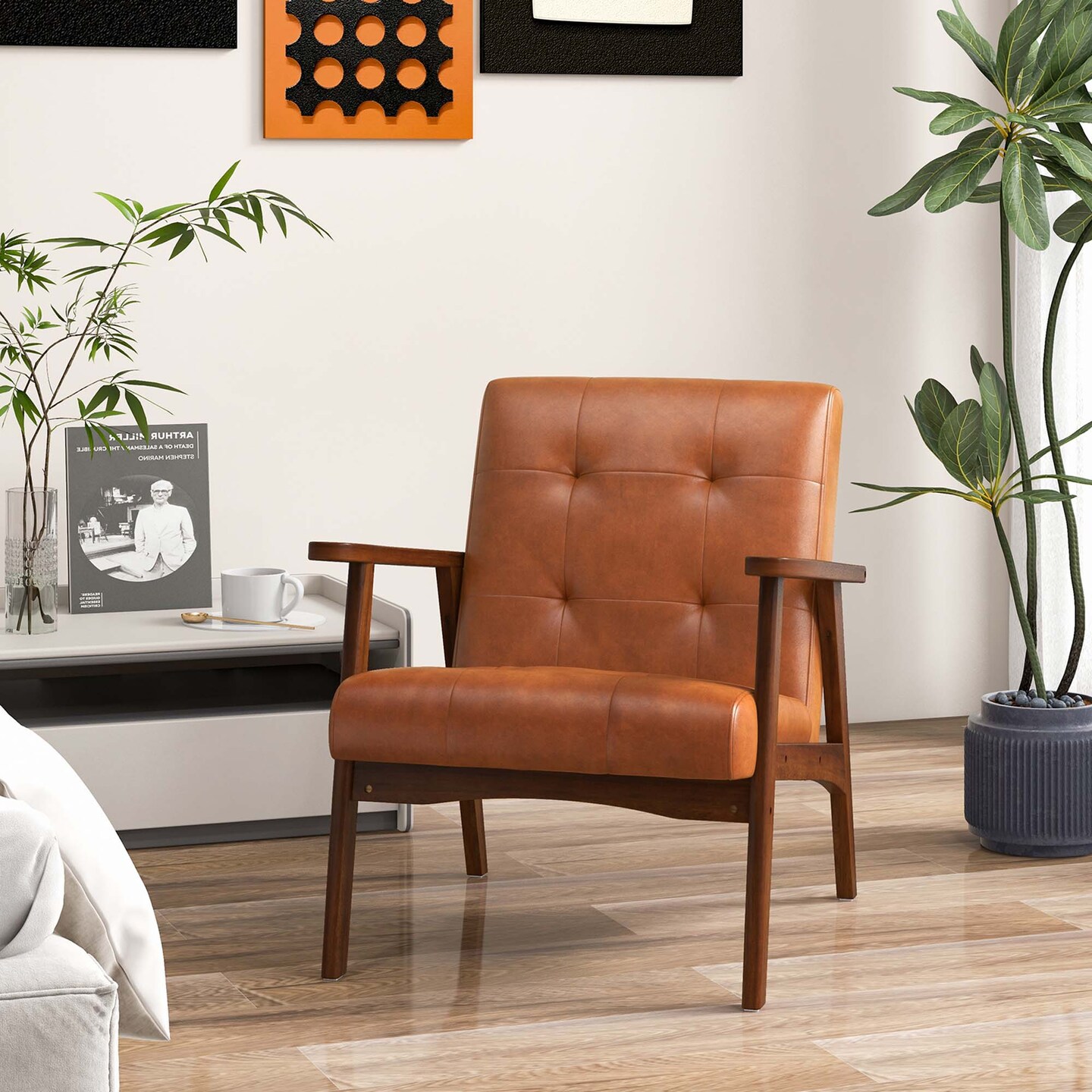 Costway Mid Century Accent Chair Tufted Reading Armchair Solid Rubber Wood Brown/Black