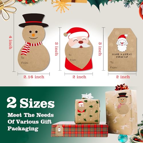 Christmas Gift Tags Stickers, Self Adhesive Christmas Name Tags, Kraft Xmas to from Stickers, Snowman Santa Claus Christmas Labels for Presents Envelopes Packages Holiday Decor, 14 Patterns &#x26; 2 Sizes
