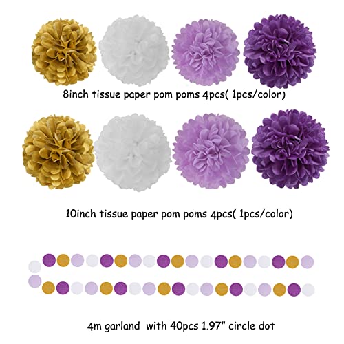 30 Pieces Purple Gold Valentines-Day Graduation Decorations - Kits Lavender White Paper Flowers,Banner Flags,Tassel Streamer Garland Engagement Girl Baby Bridal Shower Party Decoration Lasting Surprise