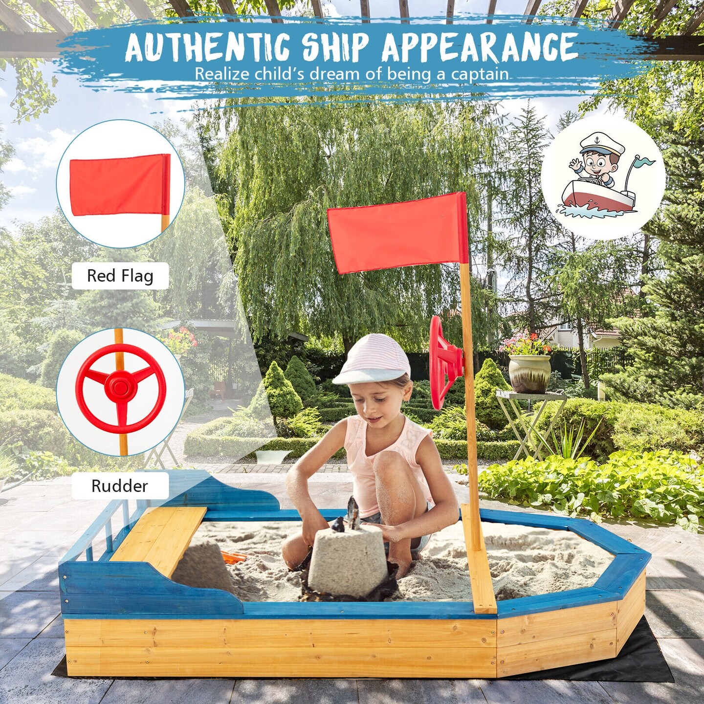 Kids&#x27; Pirate Boat Sandbox with Flag and Rudder
