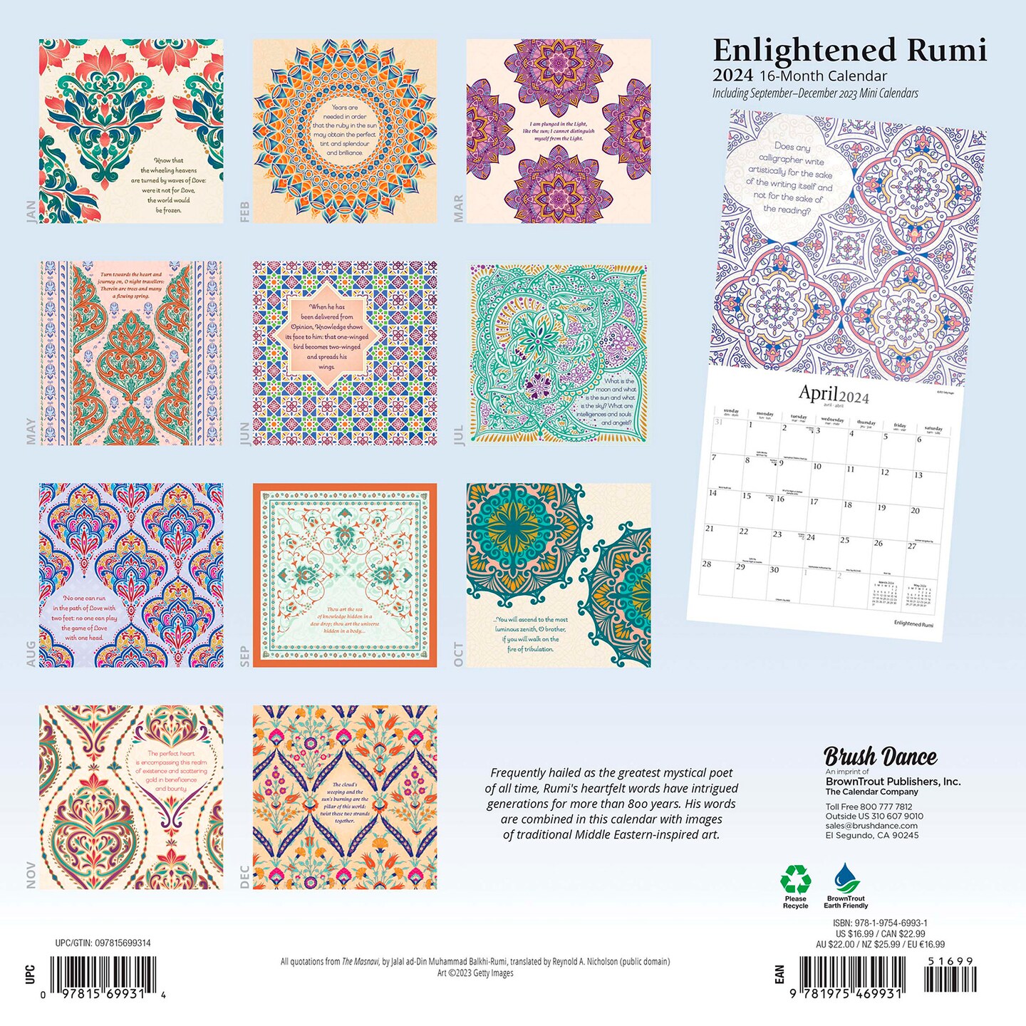 Enlightened Rumi | 2024 12 x 24 Inch Monthly Square Wall Calendar | Brush Dance | Traditional Art Poetry