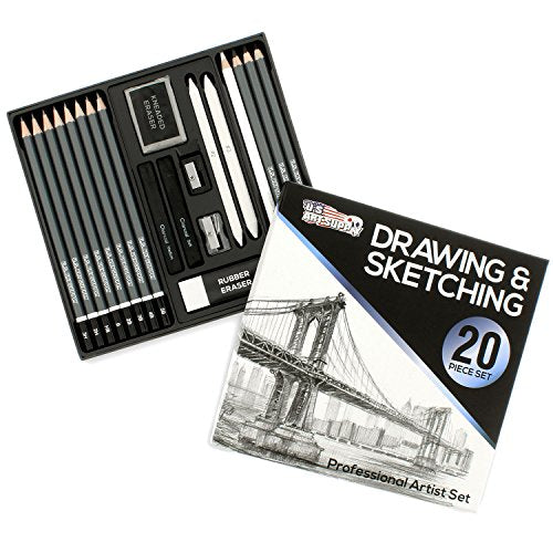 U.S. Art Supply 20 Piece Professional Hi-Quality Artist Sketch Set in Hard Storage Case - Sketch &#x26; Charcoal Pencils, Pastel, Stumps, Eraser, Sharpeners