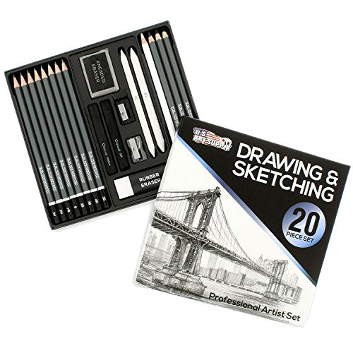 U.S. Art Supply 20 Piece Professional Artist Sketch Set in Hard Storage Case - Sketch & Charcoal Pencils, Pastel, Stumps, Eraser, Sharpeners - Bonus