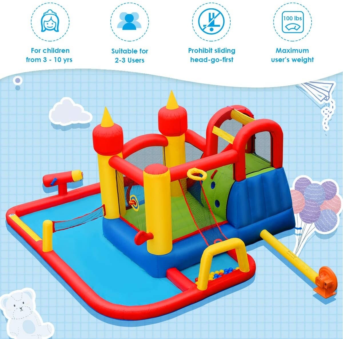 Backyard Inflatable Water Slide Castle Splash Pool 3-10 Kids Multi-Color