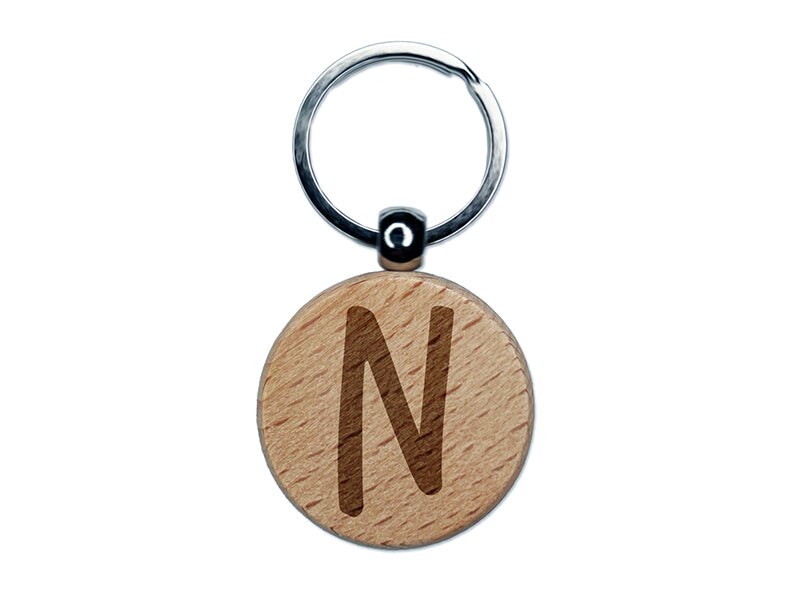 Letter N Uppercase Felt Marker Font Engraved Wood Round Keychain Tag Charm