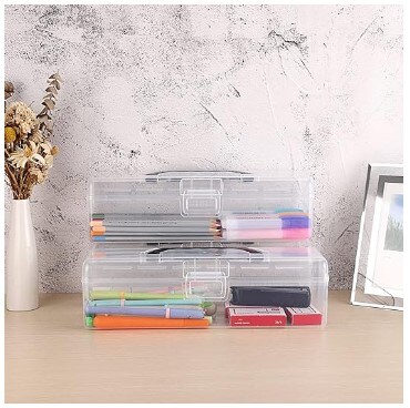 Stationery Storage Organiser Painting Tool Storage Container for Pencils Markers Sticky-Notes Craft Supplies 3 Pack Long Plastic Pencil Box Portable Clear Home Utility Boxes with Black Handle