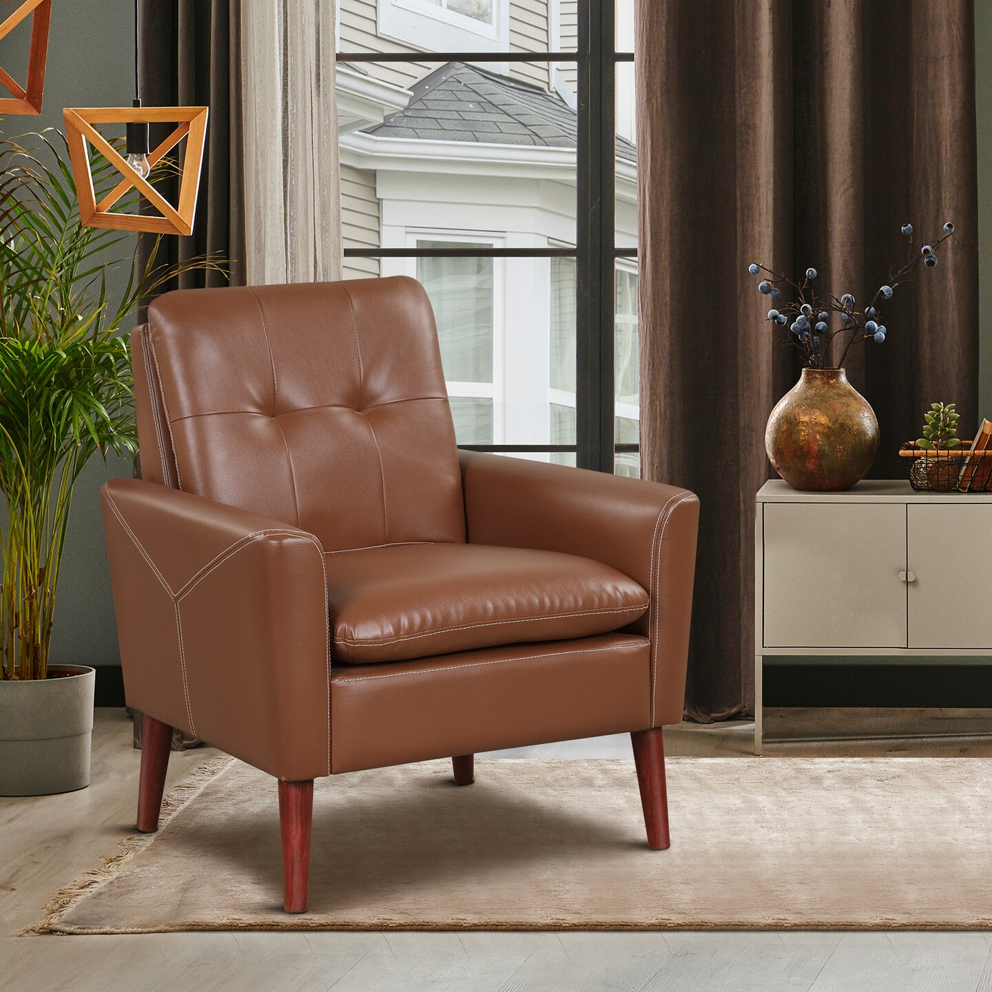 Costway Modern Accent Chair PU Leather Armchair Sofa Chair with Solid Wood Legs