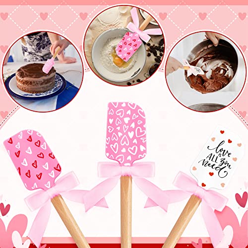 3 Pieces Valentine&#x27;s Day Silicone Spatulas with Wooden Handles Valentine Pattern Heat Resistant Baking Spatulas Silicone Spatulas with Pink Satin Ribbon Bows for Baking, Cooking and Sauteing