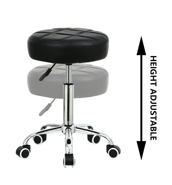 Round Rolling Stool Chair with Adjustable Height in PU Leather Look for Wheeled Swivel Drafting Work Spa Medical Salon Stools. Black Office Chair